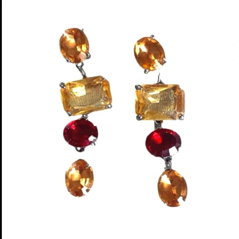 WHBM Crystal Necklace and Earring Set Ruby Red Topaz Brown Gold Silver